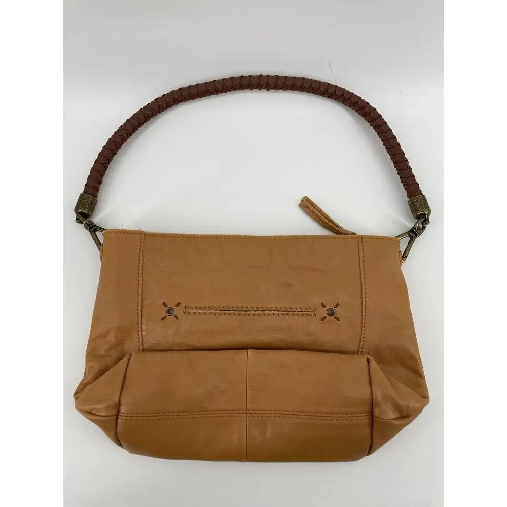 The Sak Camel Brown Leather Purse Braided Strap and Zipper Pulls Hobo Shoulder